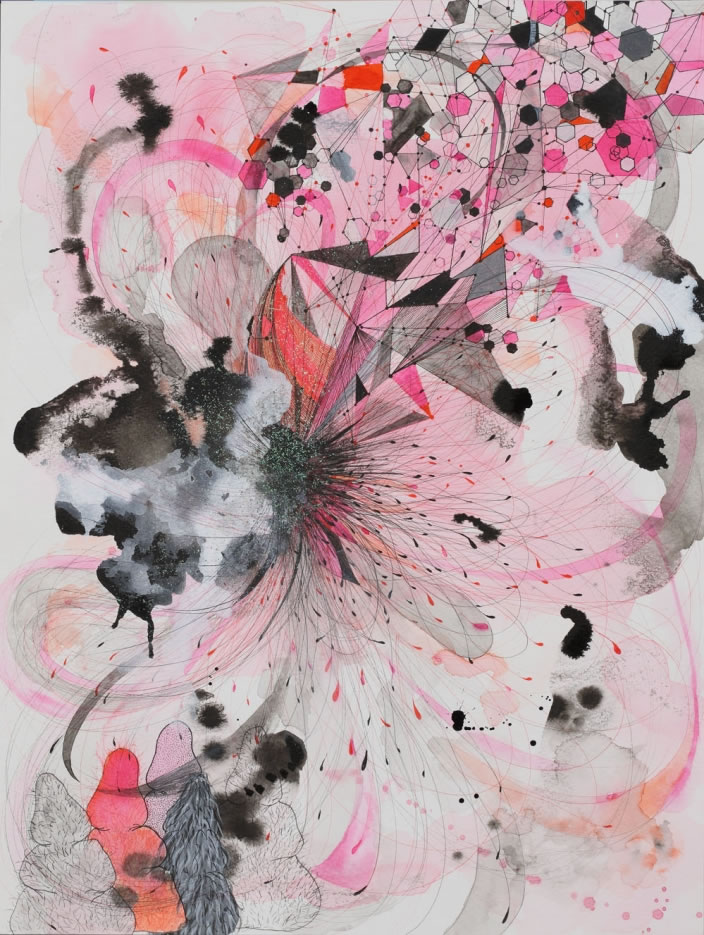 Beyond Comprehension series (e), 2012, Ink, aquarelle, glitter and acrylic lacquer on paper, 30.5 x 40.5 cm 