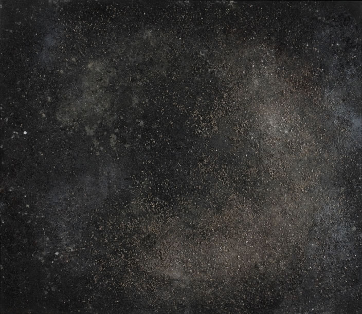 Laura Pharaon, Echo on Terra, 2011, Ink, polyurethane, coal, ashes, gravel, concrete, debris and dust on metal panel, 140 x 160 cm