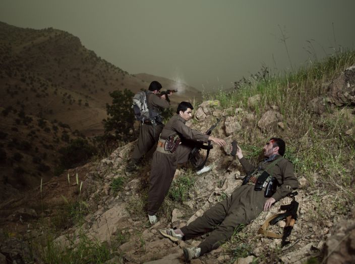 Theater of War, photographs with a group of Iranian-Kurdish guerilla fighters, Lambda print, 150 x 112 cm, Iraq, 2011-2012 