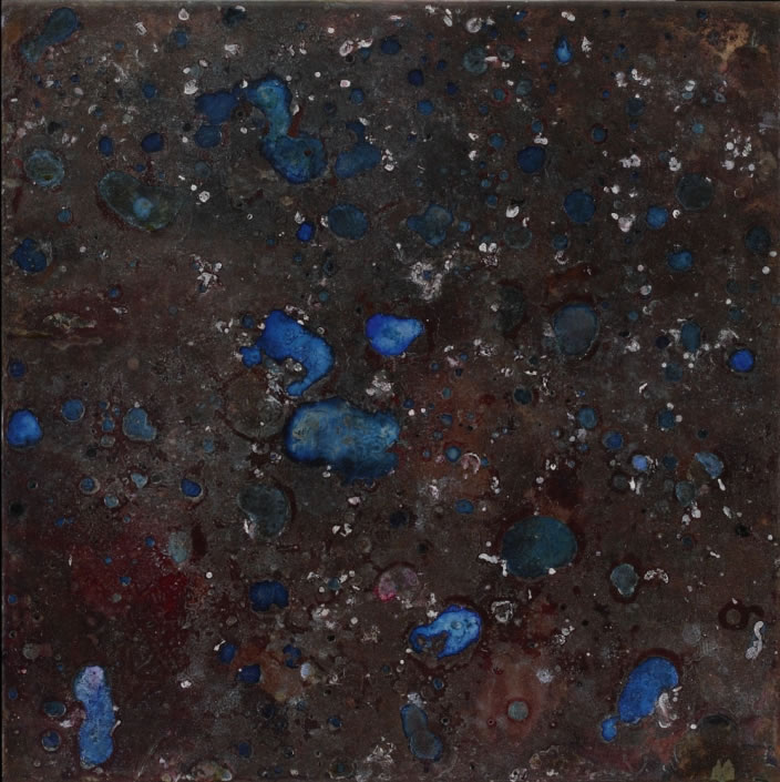 Operetta, 2010, Concrete polymer emulsion, spangles, varnish, pigments with lacquer, ink and dust on metal panel, 50 x 50 cm