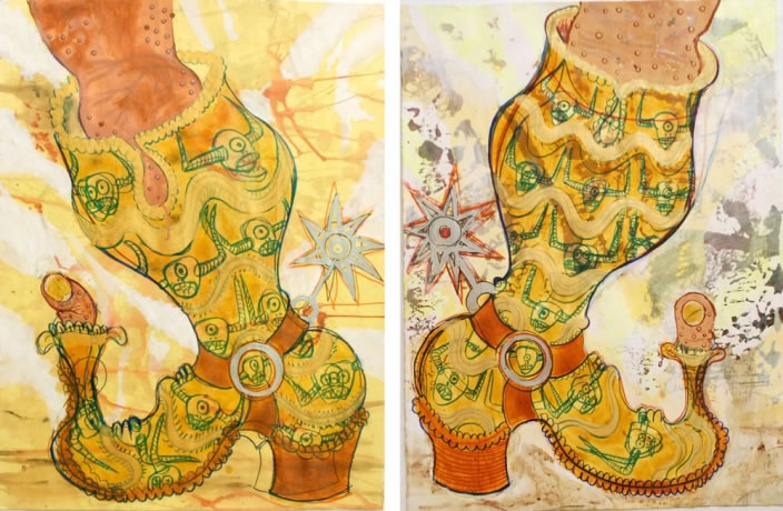Hellbound Boot (left & right), Inck, acrylic & collage on paper, 61 x 76.2 cm each