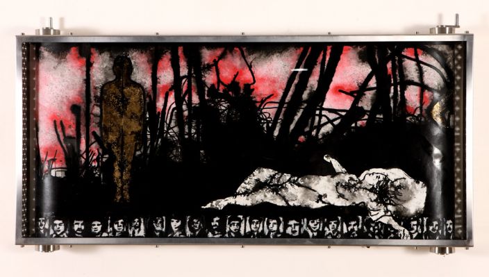 Alfred Tarazi, From the Ruins, 2012, Acrylic, ink, silver & gold leaf on paper in a glass & aluminum box, 0.45 x 10 m paper/20 x 45 x 100 cm box