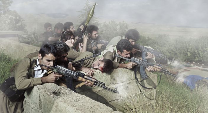 Theater of War, photographs with a group of Iranian-Kurdish guerilla fighters, Lambda print, 210 x 115 cm, Iraq, 2011-2012