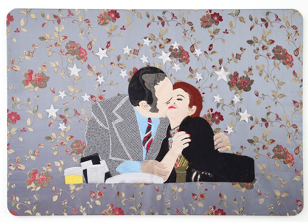 Raed Yassin, Kissing, 2013, Silk embroidery on silk embroidered cloth, 70 x 100 cm (Courtesy of Kalfayan Galleries, Athens - Thessaloniki)