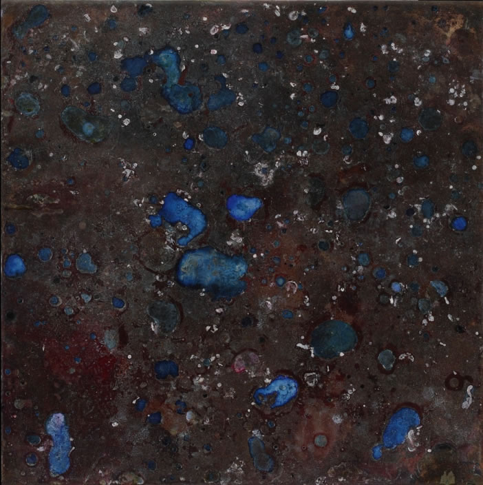 Laura Pharaon, Operetta, 2010, Concrete polymer emulsion, spangles, varnish, pigments with lacquer, ink and dust on metal panel, 50 x 50 cm