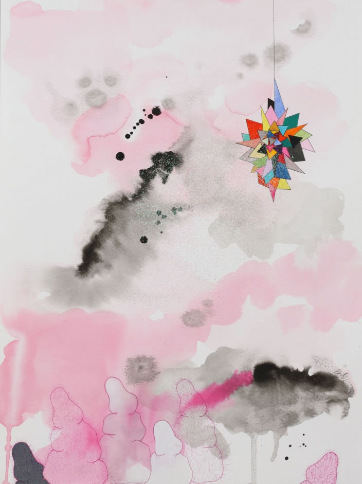 Beyond Comprehension series (f), 2012, Ink, aquarelle, glitter and acrylic lacquer on paper, 30.5 x 40.5 cm