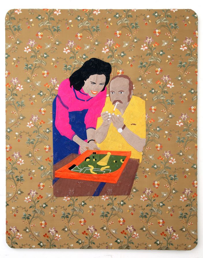 Raed Yassin, Dad smoking, 2013, Silk embroidery on silk embroidered cloth, 100 x 80 cm (Courtesy of Kalfayan Galleries, Athens - Thessaloniki)