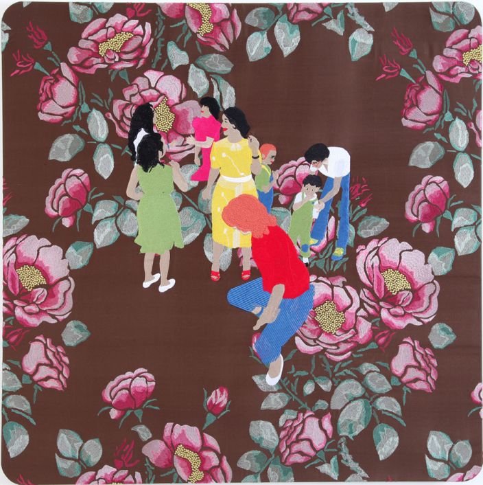 Raed Yassin, Dancing, 2013, Silk embroidery on silk embroidered cloth, 85 x 85 cm (Courtesy of Kalfayan Galleries, Athens - Thessaloniki)