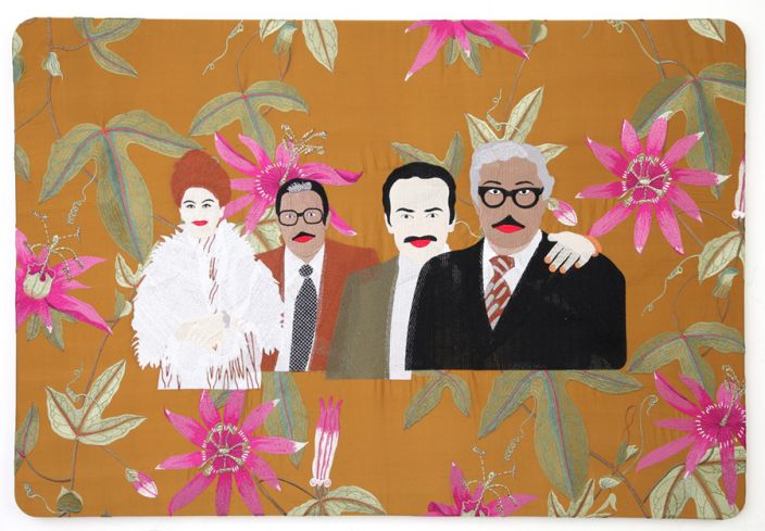 Raed Yassin, With Imad Hamdi and his twin brother, 2013, Silk embroidery on silk embroidered cloth, 75 x 110 cm (Courtesy of Kalfayan Galleries, Athens - Thessaloniki)