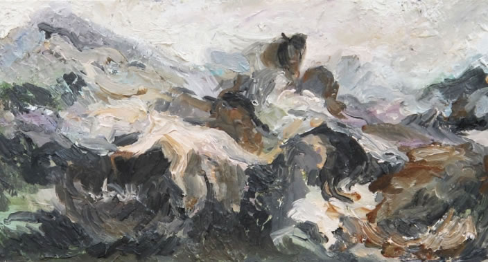 Talar Aghbashian, A romantic intervention or Horse and Reclining Naked Figure in Forest, 2011, Oil paint on canvas, 18 x 34 cm
