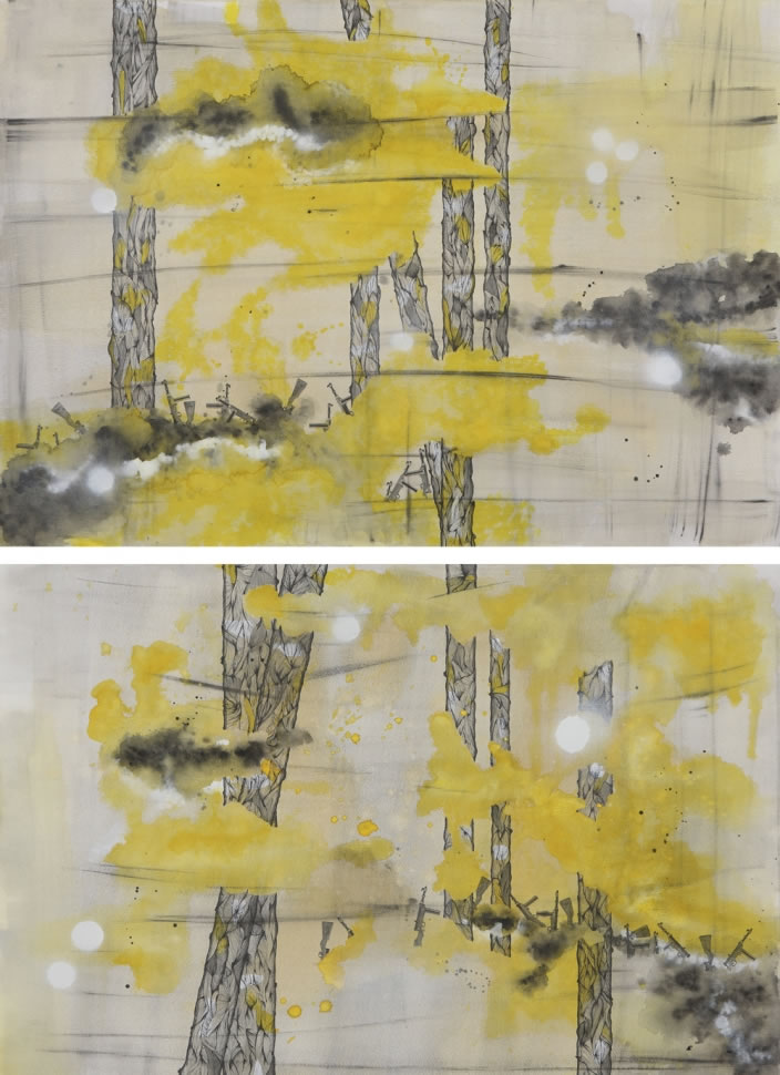 Selective Memory (Diptych), 2012, Ink, aquarelle & acrylic lacquer on paper, 70 x 100 cm each
